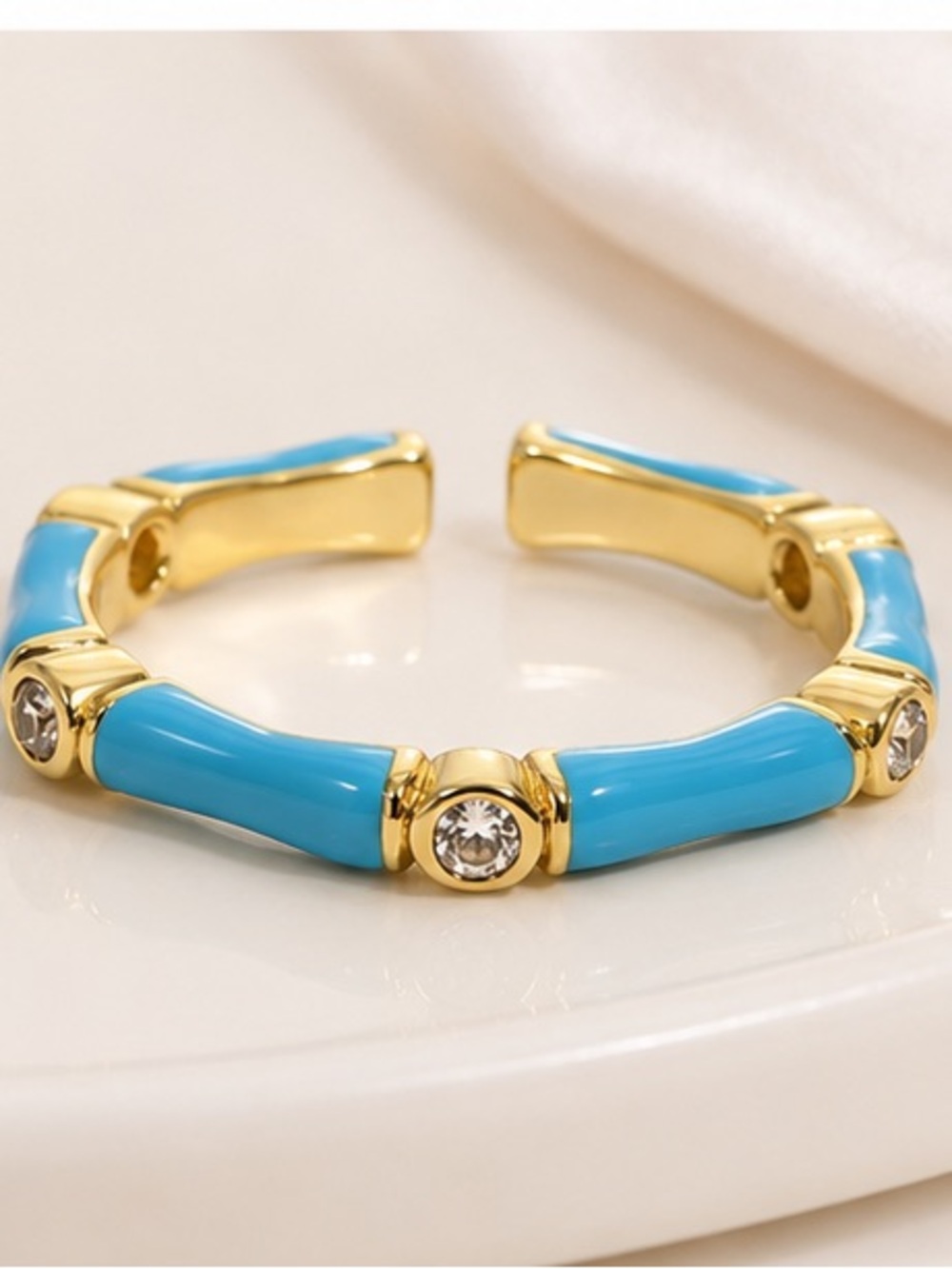 Blue Enamel Bamboo Open Ring Gold Tone CZ Accent